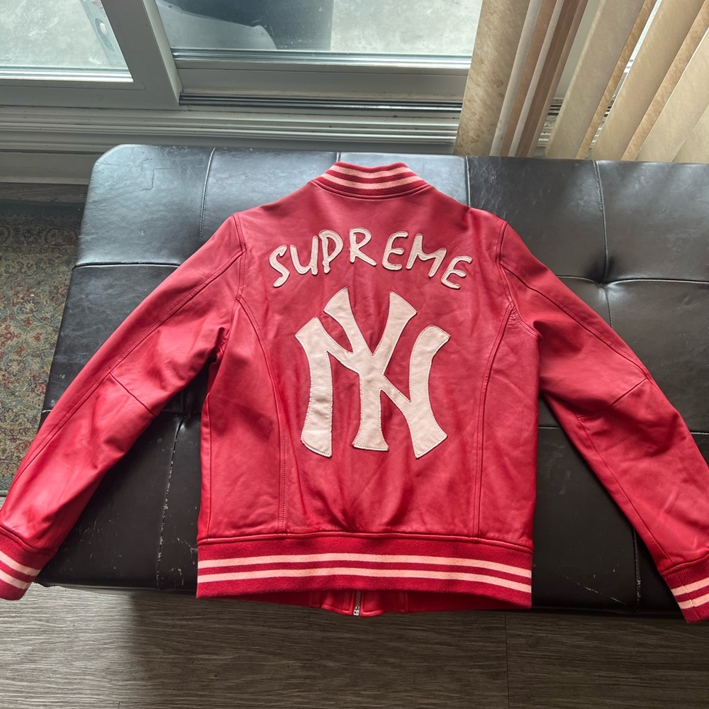 Supreme NewYork Yankees 47 brand LEATHER VARSITY JACKET 2015SS RED MLB M RARE
